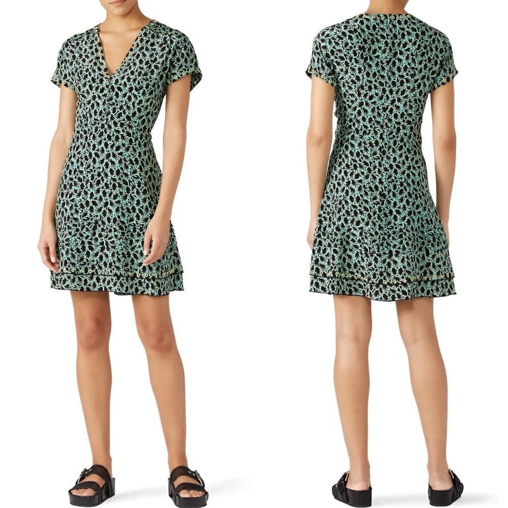 DEREK LAM 10 Crosby Dress Womens 4 Green Grommet Detail V-Neck Silk Blend Lined